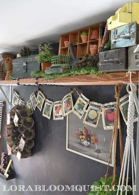 Garden Theme Home Decor, Garden Shelving Ideas, Potting Shed Decor, Garden Booth Display Ideas, Potting Bench Decor, Garden Shed Decor, Garden Theme Decor, Plant Store Ideas Vintage, Decorating With Old Farm Tools