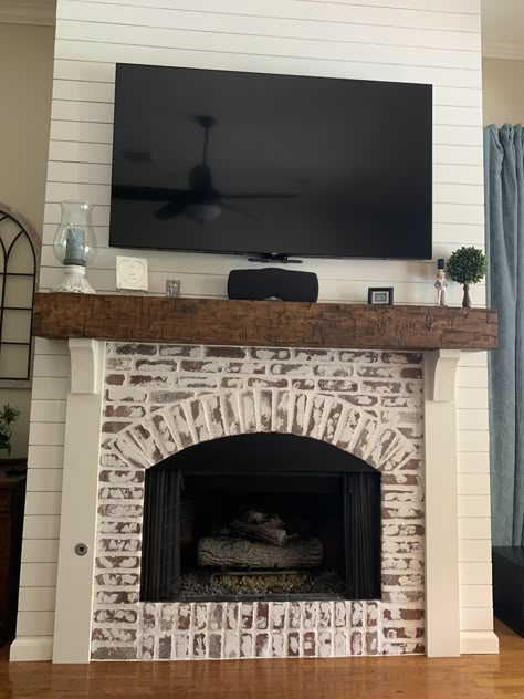 German Schmear Fireplace, Tv Wall Design With Fireplace, Panel Tv Wall, Fireplace With Mantle, Updated Fireplace, German Schmear, Tv Wall Panel, Tv Wall Ideas, Farmhouse Fireplace Decor