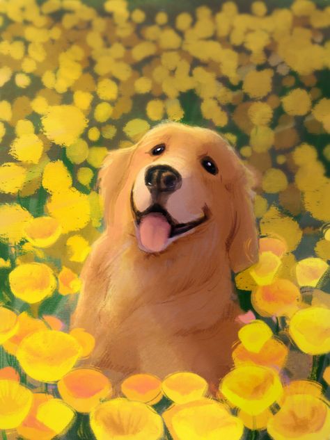 Pet Portraits by Sanjana DesaiA bunch of different dogs in poppy fields :) Golden Drawing Ideas, Dog Cute Painting, Golden Illustration, Golden Drawing, Cute Dog Painting, Cute Dog Art, Illustration Dog, Golden Retriever Art Cute, Dog Illustrations