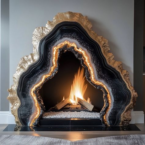 A geode fireplace is a stunning centerpiece that blends the natural beauty of geology with the warmth and comfort of a modern hearth. Crafted to mimic the intricate formations found inside geodes, the fireplace features a crystalline interior that shimmers with vibrant hues when illuminated by the flickering flames. The exterior is rugged and textured, resembling the raw outer shell of a geode, while the inside reveals a dazzling array of crystals, offering a captivating contrast. Perfect for... Geode Fireplace, Geode Room Decor, Geode Furniture, Modern Hearth, Crystal Geode Decor, Geode Bathtub, Crystal Rocks, Random Products, Geode Art