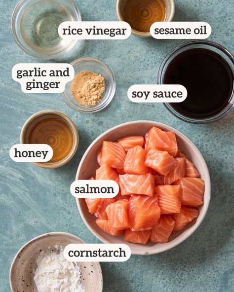 Air Fryer Salmon Bites are a super easy weeknight dinner. Mix your salmon with a simple marinade, air fry and toss in a savory sauce. Salmon Marinade Air Fryer, Salmon Cubes Air Fryer, Easy Salmon Bites Recipes, Air Fryer Dinner Recipes Vegetarian, Salmon Bits In Air Fryer, Salmon Bites Sauce, Salmon Bowls Air Fryer, Airfryer Salmon Bites, Easy Salmon Recipes Air Fryer