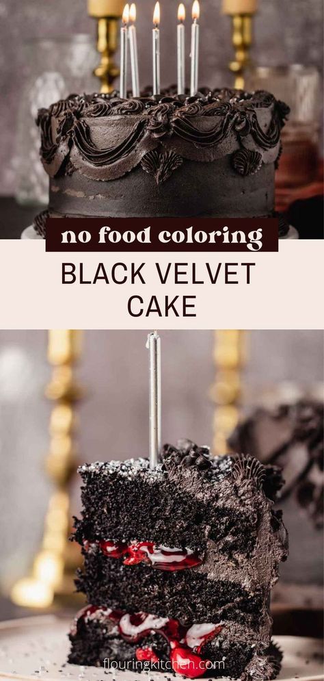 black velvet cake with piped black frosting and silver candles and a bright red cherry filling Cherry Cake Filling, Black Velvet Cake Recipe, Red Velvet Cake Decoration, Chocolate Velvet Cake, Black Cake Recipe, Black Velvet Cake, Red Velvet Chocolate Cake, Black Velvet Cakes, Cherry Frosting