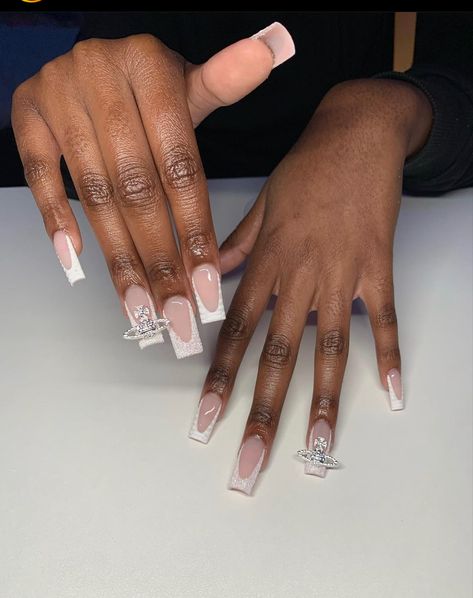 White French Tip Nails With Cross Charm, White French With Charms, White French Tip Nails With Charms, White French Tip With Charms, French Nails With Charms, White Nails With Charms, French Tip Nails With Charms, French Tips With Charms, French Tip With Charms