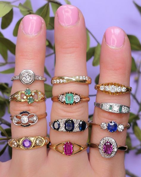 Can you spot 👀 the oldest ring in this antique and vintage stack? Discover the current Petit Cœur collection of antique and vintage rings. Each of these rings is a one of a kind jewel from the past that has been cherry picked 🍒 for me to present here to you for their beauty, charm, rarity and craftsmanship ✨ Newest to collection: 💜Amethyst and Diamond - bottom ring finger 🤍 Diamond White Gold Solitaire - top ring finger ❤️ Ruby Single Stone - bottom middle finger 💙 Sapphire and Diamond Thr... Old Rings, White Gold Solitaire, Top Rings, Index Finger, Victorian Rings, Single Stone, Antique Engagement Rings, Art Deco Ring, Ring Finger