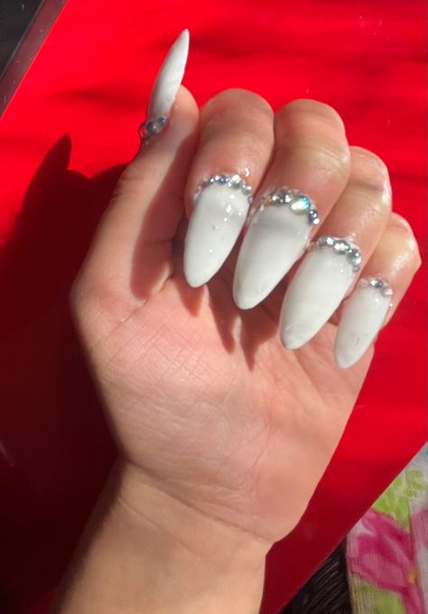 White Rhinestone Nails, Nontoxic Nails, Almond White Nails, Simple Pink Nails, White Almond Nails, Stunning Nails, Nail Prices, Diy Nails At Home, Cute Simple Nails