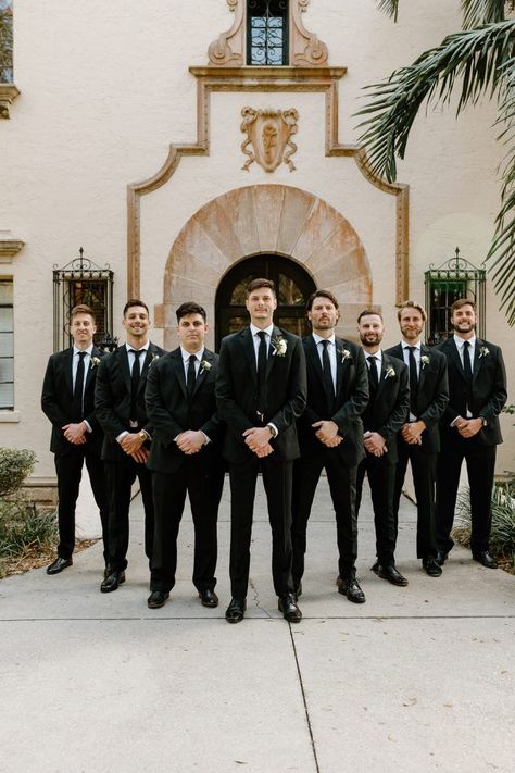 Dashing groom with his groomsmen l Image by Grace Torres Groom And Groomsmen Attire Black, Black And White Groomsmen, Black Tie Groomsmen, Groomsmen Attire Black, Black Groomsmen Suits, Powel Crosley Estate Wedding, Church Wedding Dress, All White Wedding, Groom And Groomsmen Attire