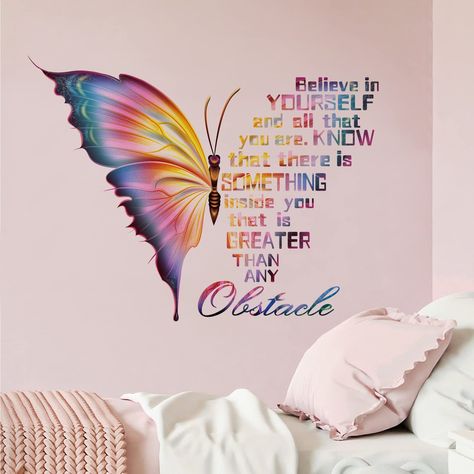 PRICES MAY VARY. Premium Wall Decals: Our neutral colorful uplifting butterfly quote wall decals are designed with various vivid patterns and phrases like believe in yourself and that you are. Know that there is something inside you that is greater than any obstacles, perfectly DIY a magic space for baby infant toddler girls, pre-teen girls. Our nursery wall arts are made of high quality semi-gloss vinyl materials, which are suitable for walls of living room, bedroom, playroom, nursery room, pre Wall Decal Quotes Inspirational, Tattoos Infinity, Believe In Yourself Quotes, Inspirational Wall Decals, Tattoos Mandala, Butterfly Wall Decals, Butterfly Quotes, Inspiration Tattoo, Tattoos Geometric