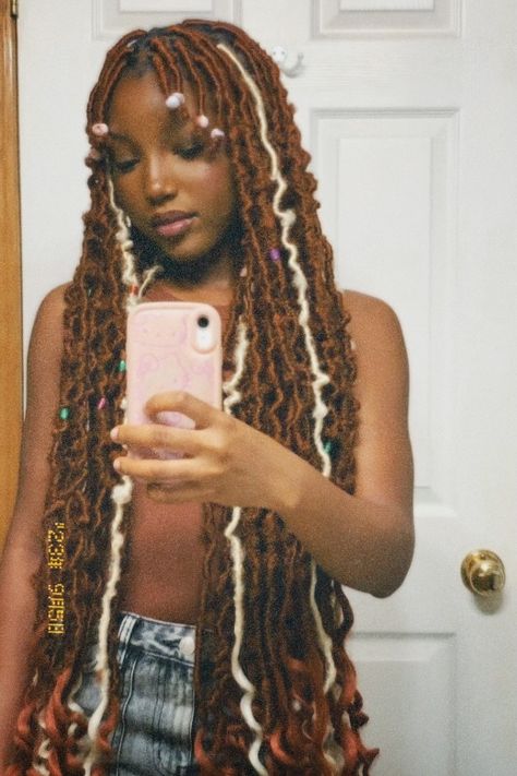 Faux Locs With Bangs, C4 Hair, Ginger Faux Locs, Fox Locs, Blonde Faux Locs, Ginger And Blonde, Locs Distressed, Locs With Curly Ends, Distressed Locs