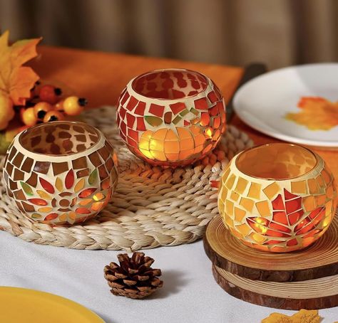 Set of 3 of mosaic candle holders Thanksgiving Candle, Fall Candle Holders, Dinner Table Centerpieces, Thanksgiving Home Decorations, Mosaic Candle Holders, Thanksgiving Candles, Mosaic Candle, Pumpkin Sunflower, Fall Decor Dollar Tree