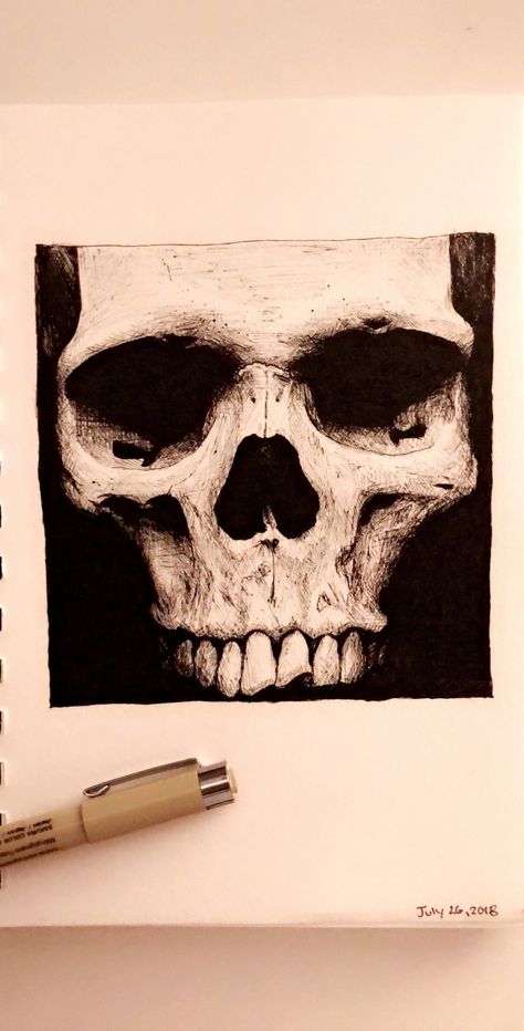 Human skull drawing drawn with micron pen and ink Micron Pen Art Anime, Detailed Skull Drawing, Skull Ink Drawing, Skull Pen Drawing, Human Skull Drawing, Drawing Ink Pen, Micron Pen Art, Skull Drawings, Gcse Art Sketchbook