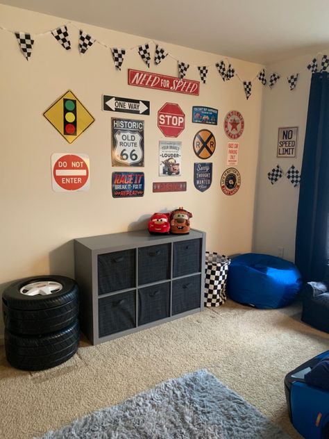 Hot Wheels Room Ideas Diy, Hotwheel Room Ideas, Diy Car Themed Decor, Nascar Bedroom Ideas, Pixar Cars Room Ideas, Truck Bedroom For Toddler, Hot Wheels Toddler Room, Kids Car Room Ideas, Cars Room Decor Boys