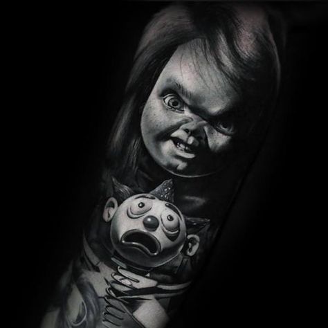 80 Chucky Tattoo Ideas For Men - Horror Movie Designs Chucky Tattoo Ideas, Chucky Tattoo Design, Scary Tattoo Designs, Thomas Carli Jarlier, Leprechaun Tattoos, Chucky Tattoo, Horror Movie Tattoos, Band Tattoos, Realistic Tattoo Sleeve