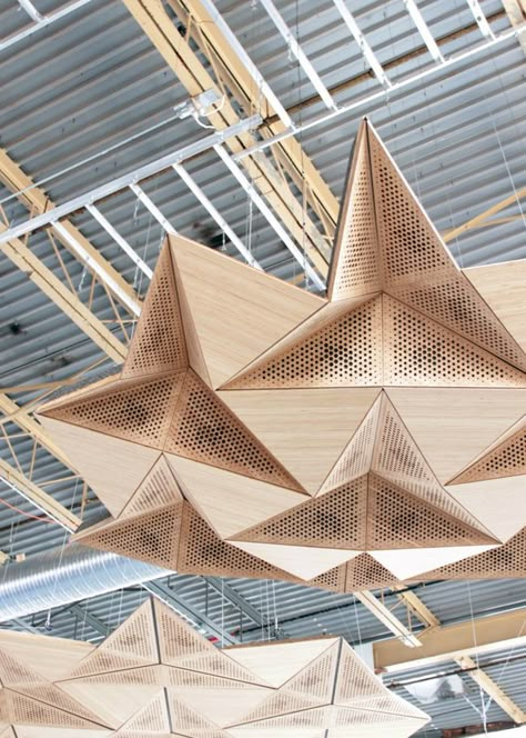 an interior architectural paneling system  that uses the techniques of rigid origami to transform the acoustic signature of a space. composed of reflective (solid bamboo inserts), Architecture Origami, Decorative Ceiling Panels, Origami Architecture, Acoustic Ceiling Panels, Tropical Architecture, Acoustic Design, Parametric Design, Ceiling Panels, The Ceiling