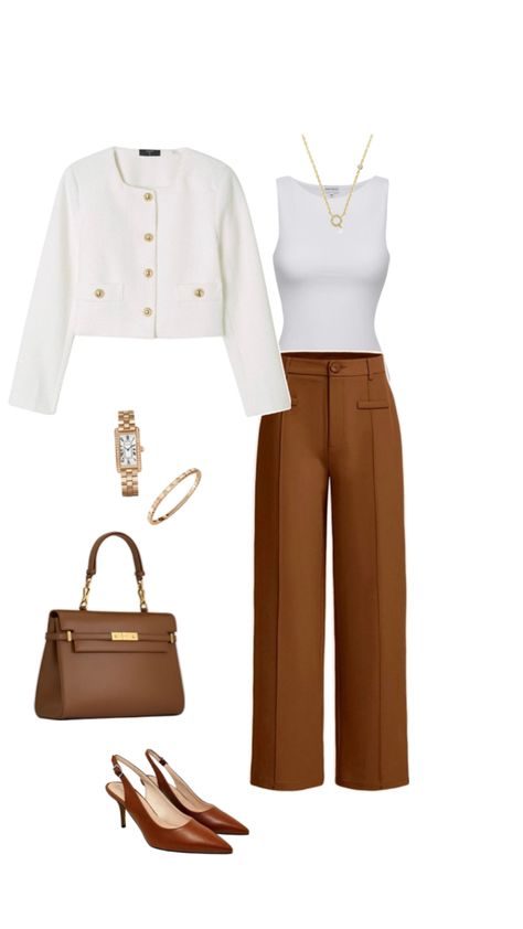 Outfit With Brown Pants, Cream Cardigan Outfit, Rich Women Outfits, Brown Pants Outfit, Outfit Old Money, Old Money Outfit, Money Outfit, Cardigan Outfit, Classic Style Outfits