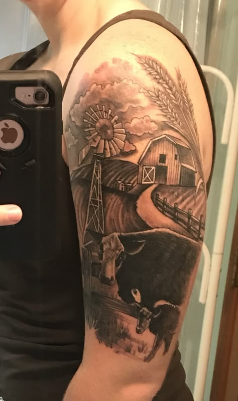 Farm Animal Sleeve Tattoo, Farmland Tattoo, Windmill Tattoos For Women, Farm Tattoo Sleeve, Farm Scene Tattoo, Farm Sleeve Tattoo, Hereford Cow Tattoo, Farm Inspired Tattoo, Windmill Tattoo Country