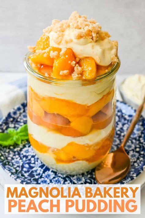 This summer dessert is made with fresh peaches in a creamy vanilla pudding and whipped cream with Nilla wafers and a buttery crumble topping. This Magnolia Bakery Peach Crisp Pudding will be your favorite no-bake summer dessert recipe. It is like banana pudding but even better! Peach Pudding Desserts, Magnolia Pudding Recipe, Magnolia Peach Cobbler, Peach Pudding Cake, Peach Banana Pudding, Peach Pudding Recipes, Peach Cobbler Dessert Ideas, Peach Pudding, Peach Cobbler Banana Pudding