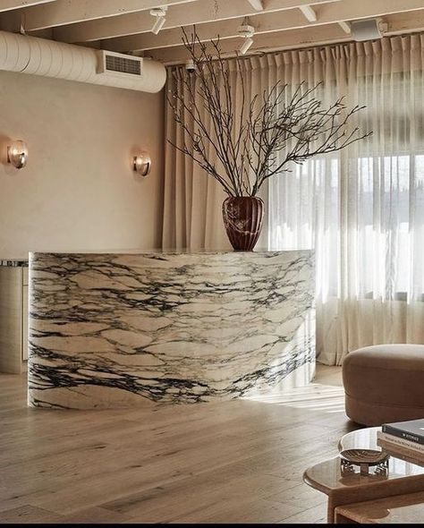 Christine Calvo | NYC Real Estate on Instagram: "weekend mood" Lobby Desks, Custom Reception Desk, Salon Reception Desk, Modern Reception Desk, Small Business Design, Spa Reception, Marble Bar, Retail Interior Design, Reception Furniture