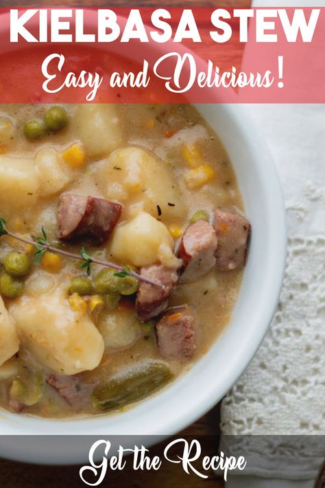 Kielbasa Stew Crockpot, Kielbasa Stew Recipes, White Bean Soup With Kielbasa, Kielbasa Stew, Leftover Ham Recipes Casseroles, Easy Stew Recipes, Cosmopolitan Cornbread, Stew With Potatoes, Kielbasa And Potatoes