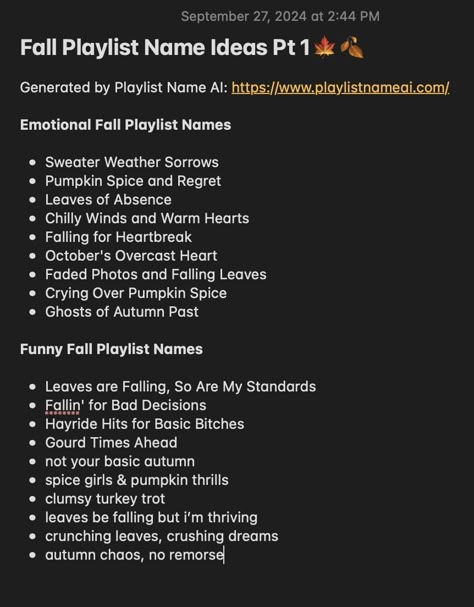 Cozy up your playlist with the perfect autumn playlist names! Perfect for autumn lovers and playlist creators looking to set the mood for chilly days and warm nights. All names are generated by Playlist Name AI.  #playlistnames #playlist #spotify #autumn #fall Night Playlist Names, Winter Playlist Names, Christmas Playlist Names, Fall Playlist Names, Autumn Playlist, Playlist Name Ideas, Fall Playlist, Music Heals The Soul, Playlist Name