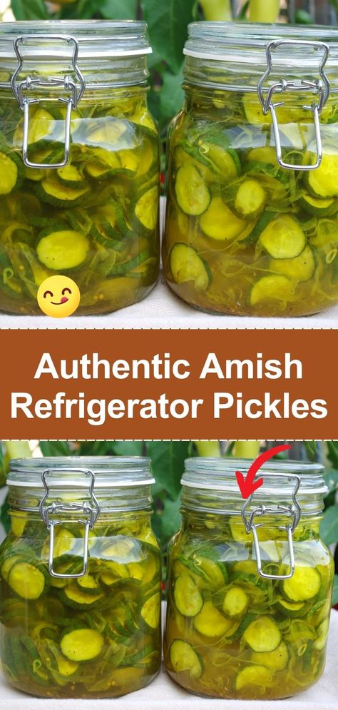 These pickles are a delightful blend of sweet and tangy. Cucumbers are sliced and marinated in a mixture of vinegar, sugar, and spices, then refrigerated for a few days to develop their flavors. They're crisp, refreshing, and perfect for a summer snack. Refrigerated Dill Pickle Recipe, Amish Dill Pickles Recipe, Amish Pickles Recipe, Refrigerator Pickles Apple Cider Vinegar, Refrigerator Pickles Recipe, Amish Bread And Butter Pickles, Homemade Pickle Flavors, Easy Freezer Pickles, Refrigerator Pickles And Onions