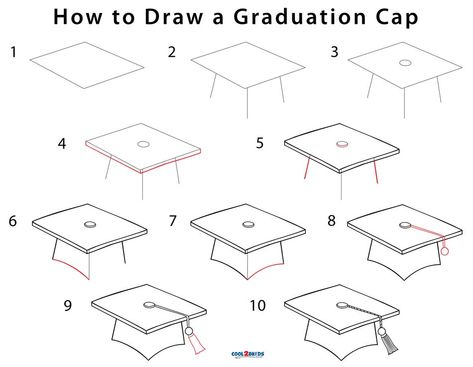 How to Draw a Graduation Cap (Step by Step Pictures) | Cool2bKids Grad Drawings, Grad Cap Drawing Easy, Draw Graduation Cap, Graduation Cap Drawing Easy, Grad Cap Drawing, Graduation Cap Doodle, Graduation Doodles, How To Draw A Graduation Cap, Graduate Drawing Easy