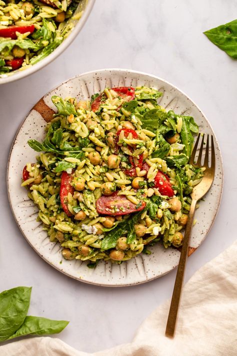 Pesto Orzo Salad - From My Bowl Noom Dinners, Caitlin Shoemaker, Pasta Salad With Chickpeas, Pesto Orzo Salad, Interesting Salads, Orzo Pesto, Gluten Free Orzo, Pesto Orzo, Nut Free Pesto