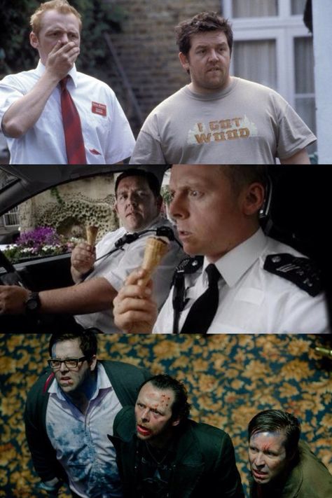 The Cornetto Trilogy Shaun of the Dead Hot Fuzz The World's End Directed by Edgar Wright. Starring Simon Pegg and Nick Frost The Worlds End, Simon Pegg Nick Frost, Cornetto Trilogy, Nick Frost, Celebrities Reading, Hot Fuzz, Shaun Of The Dead, Worlds End, Edgar Wright