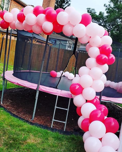 Attached to a trampoline garland Trampoline Decorations Birthday Parties, Birthday Trampoline Ideas, Trampoline Party Decorations, Trampoline Decorations Ideas, Decorate Trampoline For Party, Trampoline Decor, Trampoline Party Ideas, Trampoline Birthday Party Ideas, Pink Trampoline