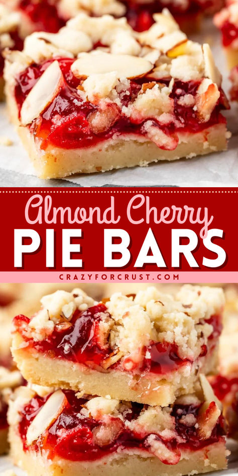 These Cherry Pie Bars are just like a classic cherry pie, but in bar form! The crust of these bars is like shortbread and they are topped with a crumble topping with almonds. PLUS the topping and the crust are the same recipe to make your life easier. Almond Cherry Bars, Shortbread Crust Desserts, Cherry Almond Pie, Almond Pie Recipe, Cherry Almond Bars, Pomegranate Desserts, Best Cherry Pie, Cherry Pie Bars Recipe, Shortbread Pie Crust