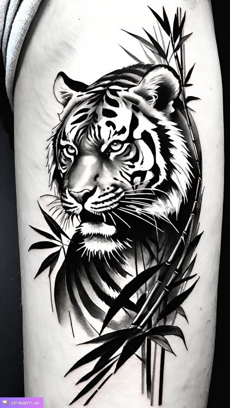 Coverup Tattoo Ideas For Women, Tiger Back Tattoo, Tiger Tattoo Thigh, Mens Tiger Tattoo, Polka Tattoo Designs, Trash Polka Tattoos, Tiger Head Tattoo, Leg Sleeve Tattoos, Leg Tattoo Ideas