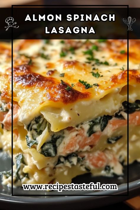 This creamy and delicious Salmon Spinach Lasagna features layers of tender lasagna noodles filled with a rich mixture of flaked salmon, fresh spinach, and a blend of cheeses, all topped with a luscious white sauce. Perfect for a family dinner or a special occasion! Salmon Lasagna, Mexican Lasagna Recipes, Flaked Salmon, Salmon Spinach, Lasagne Recipes, Lasagna Noodles, Classic Lasagna, Spinach Lasagna, Fresh Spinach