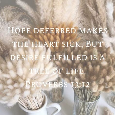 “Hope deferred makes the heart sick, But desire fulfilled is a tree of life.” ‭‭Proverbs‬ ‭13:12‬ ‭NASB2020‬‬ https://bible.com/bible/2692/pro.13.12.NASB2020 Hope Deferred Makes The Heart Sick, Hope Deferred, Life Proverbs, Proverbs 13, Faith Inspiration, A Tree, Proverbs, Tree Of Life, Verses