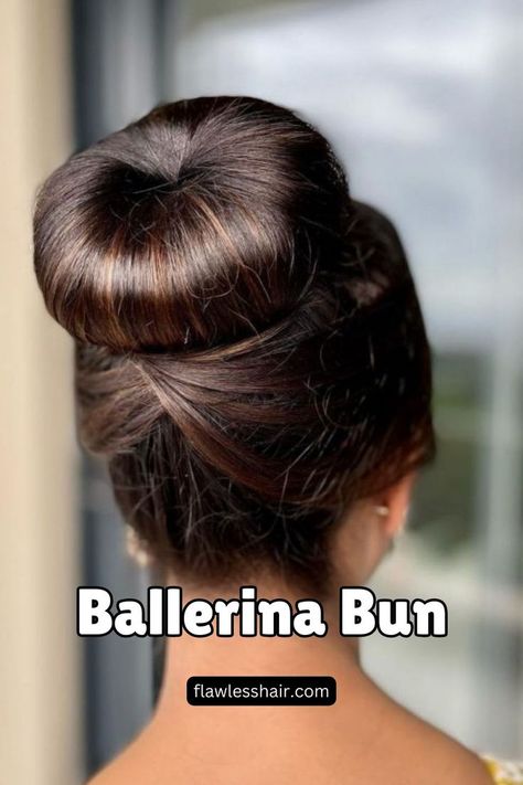 Ballerina Bun Elegant Buns, Pigtails Hair, Ballerina Hair, Medieval Hairstyles, High Bun Hairstyles, Ballerina Bun, Hair Garland, Elegant Bun, Sleek Bun