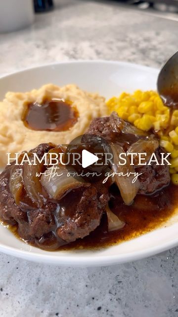 Hamburger Steak With Onion Gravy, Onion Mashed Potatoes, Hamburger Steak Recipes, Hamburger Steak And Gravy, Hamburger Steaks, Hamburger Steak, Onion Gravy, Salisbury Steak, Hamburger Meat