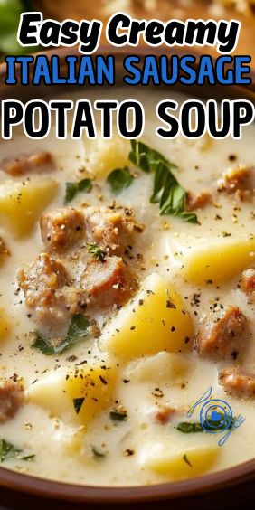 Easy Creamy Italian Sausage and Potato Soup Italian Potato Soup Recipes, Soup Recipes Sausage Potatoes, Potato Soup With Italian Sausage, Soup Recipes Using Italian Sausage, Italian Sausage Potato Soup Crockpot, Sausage Soup Ideas, Crockpot Potato Sausage Soup, Easy Italian Sausage Soup, Potatoes And Sausage Soup