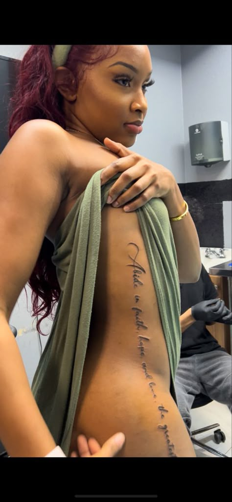 Bible Verse Side Tattoo, Leg Tattoos Bible Verse, Scripture Leg Tattoos Women, Bible Verse Stomach Tattoo, Bible Verse Neck Tattoo, Rib Tattoos For Women Bible Verse, Bible Verse Back Tattoos, Spine Tattoo Bible Verse, Bible Verse Spine Tattoos For Women