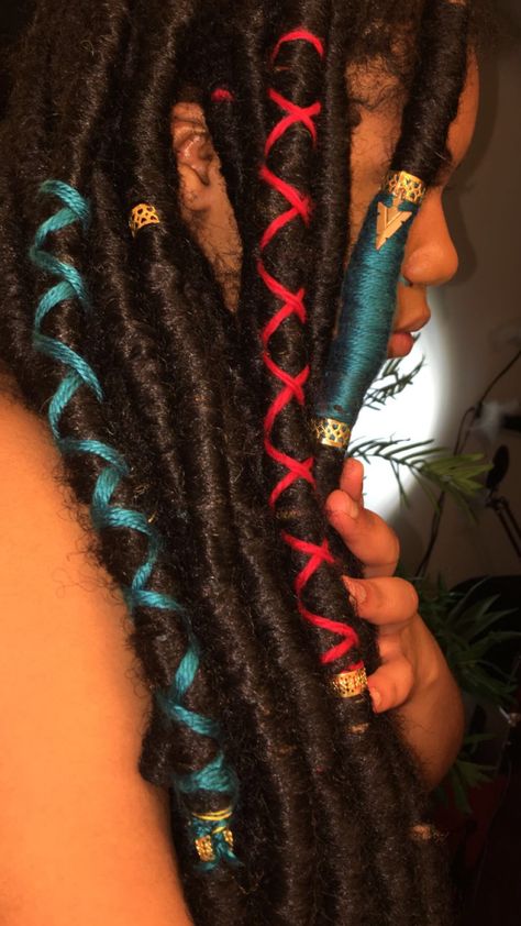 Faux Locs Decorations, Faux Loc Jewelry, Decorated Faux Locs, Yarn Wrapped Locs, Unique Loc Hair Colors, Yarn On Locs, Faux Locs Jewelry, Faux Locs With Jewelry, Locs With Gems