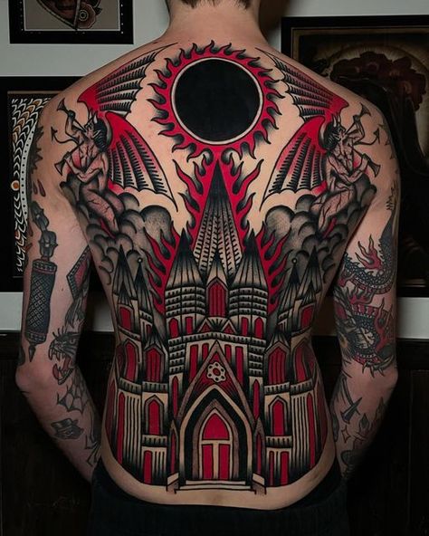 Red And Black American Traditional, Colour Back Tattoo, Neo Trad Back Tattoo, Japanese Traditional Back Piece, American Traditional Tattoo Back Piece, Neotraditional Back Piece, Castle Back Tattoo, Black Neotraditional Tattoo, American Traditional Gothic Tattoos