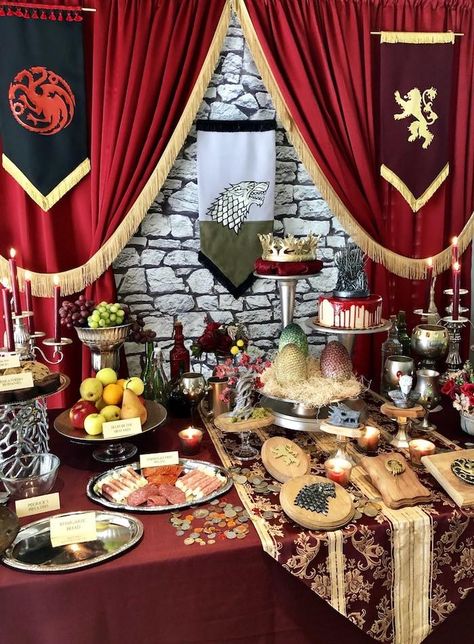 Kara's Party Ideas Game of Thrones Party | Kara's Party Ideas Game Of Thrones Party Decorations, Game Of Thrones Birthday, Knight Birthday Party, Viking Party, Medieval Banquet, Game Of Thrones Theme, Game Of Thrones Party, Knight Party, Fantasy Party