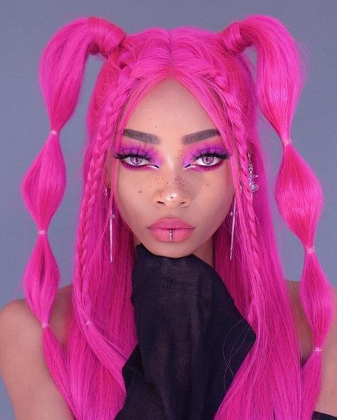 Bright pink wig | hairstyles for black women | cute hairstyles | easy hairstyles Antenna Hairstyle, Alien Hairstyle, Geisha Hairstyles, Neon Wig, Kids Braids With Beads, Ruby Bell, Seussical Jr, Alien Party, Face References