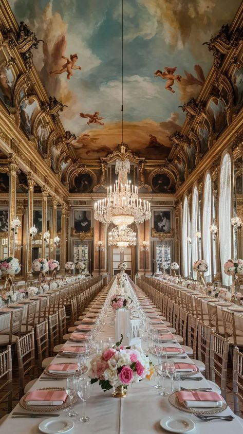 A ballroom with rococo and baroque elements, featuring a grand chandelier and floral arrangements for a wedding.