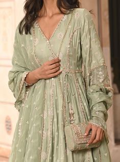 Sage Green Indian Suit, Modal Satin Dress, Green Indian Suit, Sage Green Anarkali, Panel Anarkali, Satin Anarkali, Angrakha Anarkali, Satin Kurta, Anarkali Designs