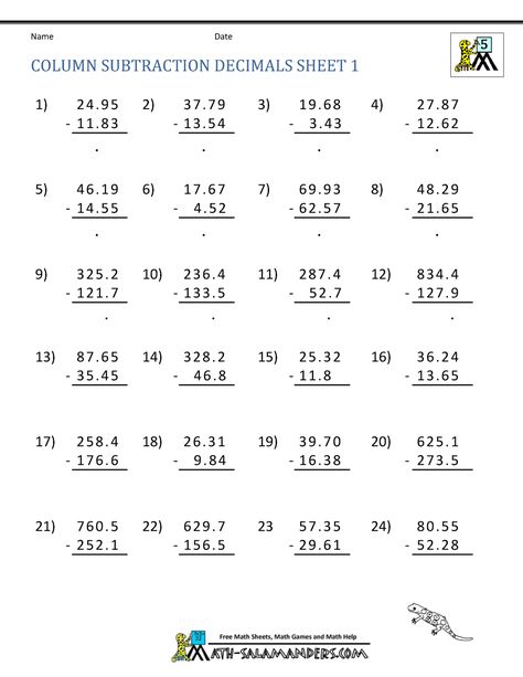 Decimal Subtraction Worksheet, Subtracting Decimals Worksheet, Decimals Addition, Grade 5 Math Worksheets, Decimal Numbers, Adding Decimals, 5th Grade Worksheets, Subtracting Decimals, Math Decimals