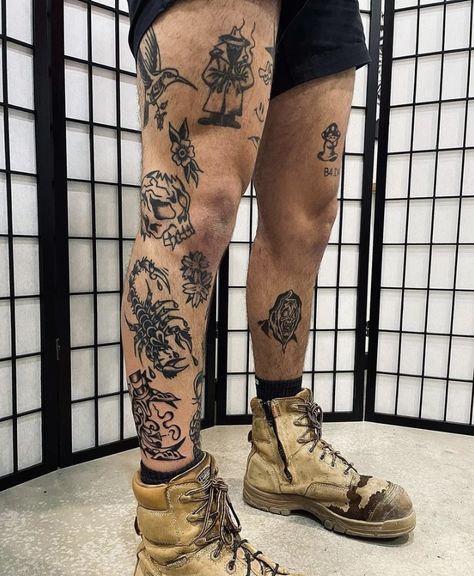 Leg Tattoo Men Traditional, Masculine Leg Tattoo, Patchwork Leg Sleeve Tattoo Male, Men’s Calf Sleeve Tattoo, Mens Shin Tattoo Ideas, Patchwork Leg Sleeve Tattoo Men, Outer Calf Tattoo Men, Old School Leg Sleeve, Mens Leg Patchwork Tattoos