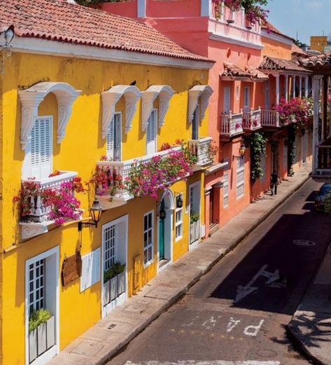 The architecture of Colombia is a stunning blend of colonial charm and modern innovation. ⁠ ⁠ Cartagena is a perfect example of this fusion. In the historic walled city, you'll find brightly painted houses in shades of deep blues, yellows, and ochres that reflect the vibrant Caribbean sun⁠ ⁠ The colonial-era buildings, with their thick stone walls, are adorned with intricate wooden balconies, often overflowing with bougainvillea. These balconies were once a symbol of status during the Spanish... Bougainvillea Painting, Caribbean Architecture, Painted Houses, Painting House, Stone Walls, Walled City, Bougainvillea, Stone Wall, Birdhouse