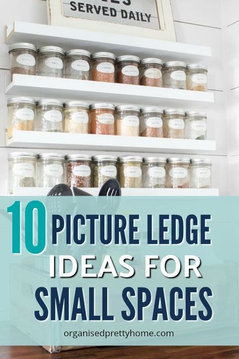 Is an IKEA picture ledge Konmari approved storage?  Find out why picture ledges are useful for display & organizing in small spaces.  10 ideas for kitchen, bedroom, living room, for toys, kids rooms, hallway etc. - Organised Pretty Home #getorganized #ikea #pictureledge #toystoraage #kidsroom #spicerack #jewelryorganizer #bookdisplay #smallspaces Picture Ledge Ideas, Ikea Picture Shelves, Small Room Ikea, Small Playroom Organization, Bedroom Storage For Small Rooms, Ikea Picture Ledge, Picture Ledges, Ikea Pictures, Small Playroom