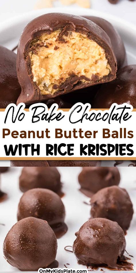 Up close of a chocolate covered peanut butter rice krispie bite bit open over a second image of more truffles lines up in rows up close with title text overlay between the images. Rice Krispies Peanut Butter Balls, Peanut Butter Balls With Rice Krispies Recipe, Chocolate Peanut Butter Rice Krispie Balls, Chocolate Peanut Butter Balls With Rice Krispies Recipe, Rice Krispie Buckeyes Peanut Butter Balls, Peanut Butter Rice Krispie Balls, Peanutbutter Ricekrispies Ball, Peanut Butter Cornflake Cookies, Chocolate Covered Peanuts