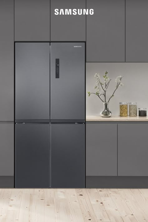 Modern Fridge Cabinet, Refrigerator Interior, Modern Fridge Kitchen, Modern Kitchen Fridge Cabinet, Side By Side Refrigerator Kitchens, Grey Interior Kitchen, Fridge Cabinet Design, Kitchen Fridge Design, Cupboards Around Fridge