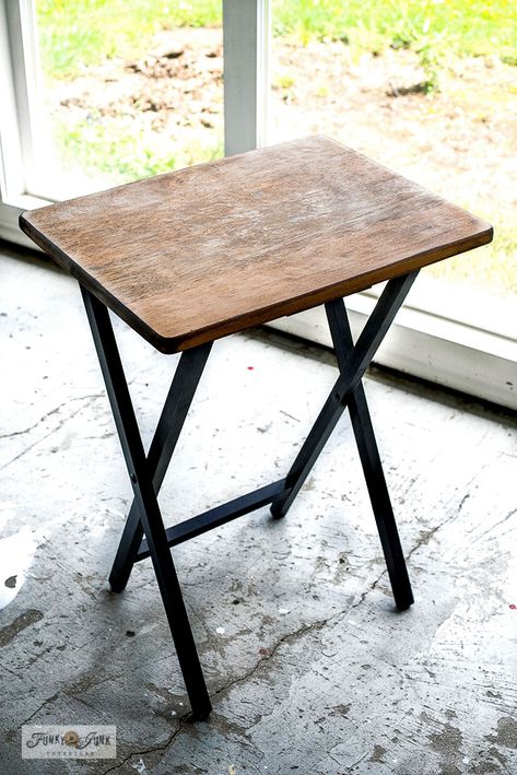 A plain TV tray is about to get a revamp with a 2-piece Argyle stencil from Funky Junk's Old Sign Stencils Tv Tray Upcycle Ideas, Tv Tray Makeover, Wooden Tv Trays, Tv Tray Table, Faux Granite, Old Bookcase, Easy Homemade Gifts, Tv Tray, Funky Junk Interiors