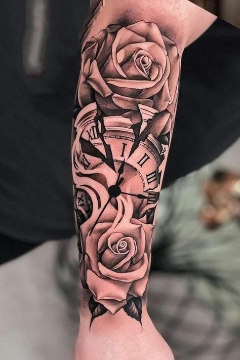 Clock And Rose Tattoo, Tattoos Infinity, Rose Tattoos For Men, Forarm Tattoos, Cool Arm Tattoos, Cool Forearm Tattoos, Hip Tattoos Women, Half Sleeve Tattoos For Guys, Tattoos Geometric